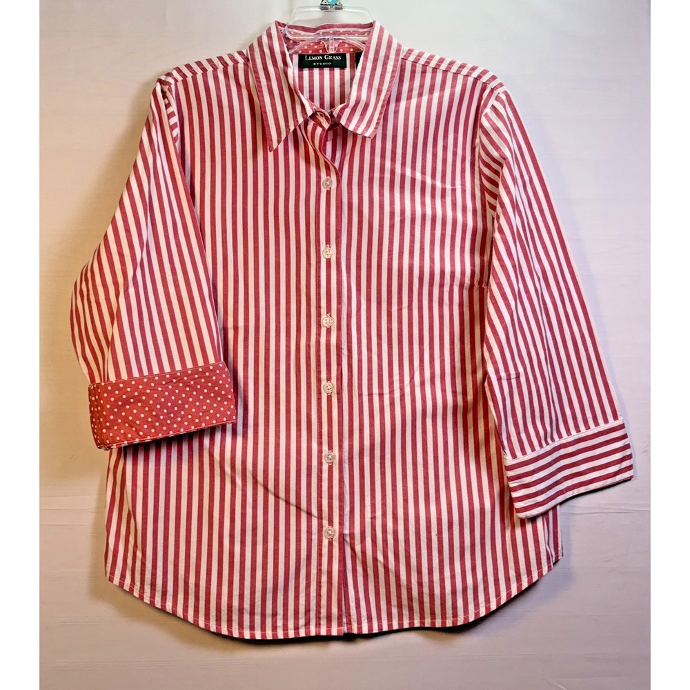 Lemon Grass womens Red/White strip‎ Button Down Shirt X-Large